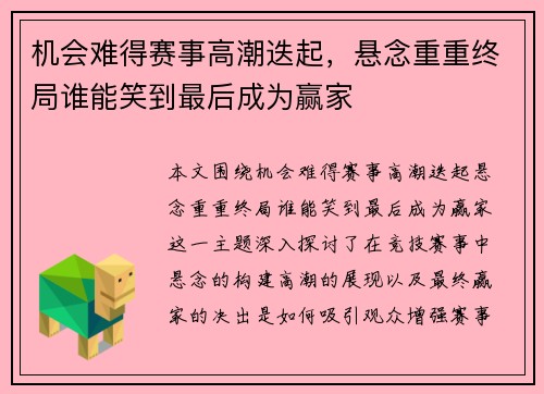 机会难得赛事高潮迭起，悬念重重终局谁能笑到最后成为赢家