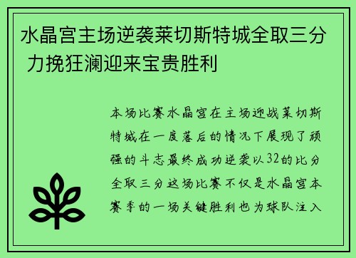 水晶宫主场逆袭莱切斯特城全取三分 力挽狂澜迎来宝贵胜利