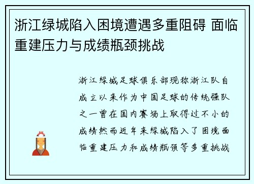 浙江绿城陷入困境遭遇多重阻碍 面临重建压力与成绩瓶颈挑战