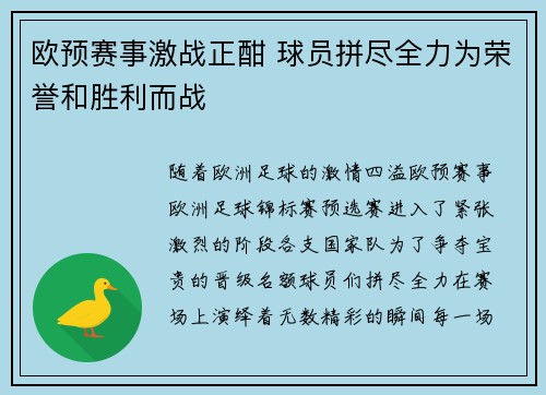 欧预赛事激战正酣 球员拼尽全力为荣誉和胜利而战